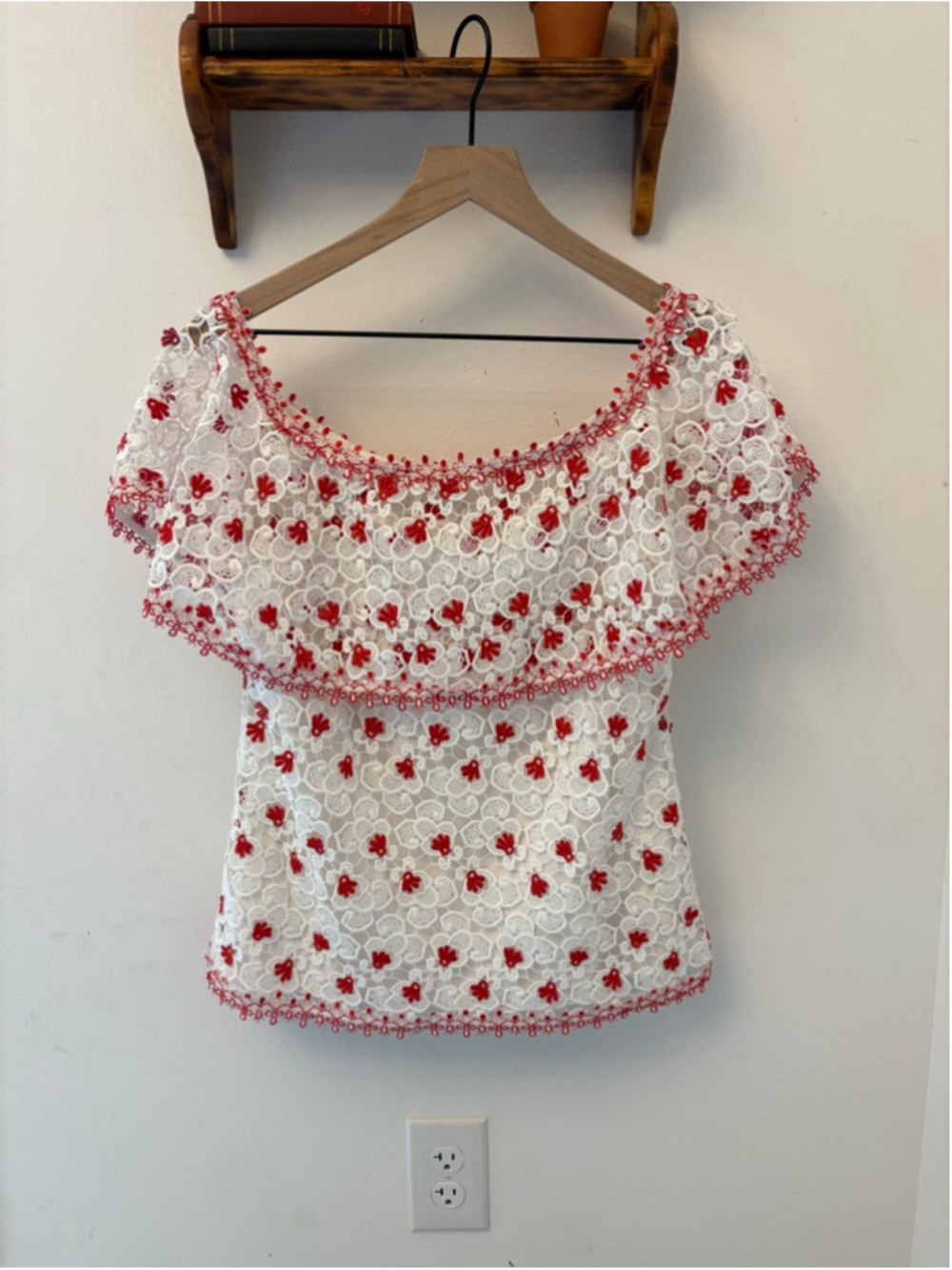 Alexis Clive Off-The-Shoulder Lace Floral Top White Red Medium Romantic Boho